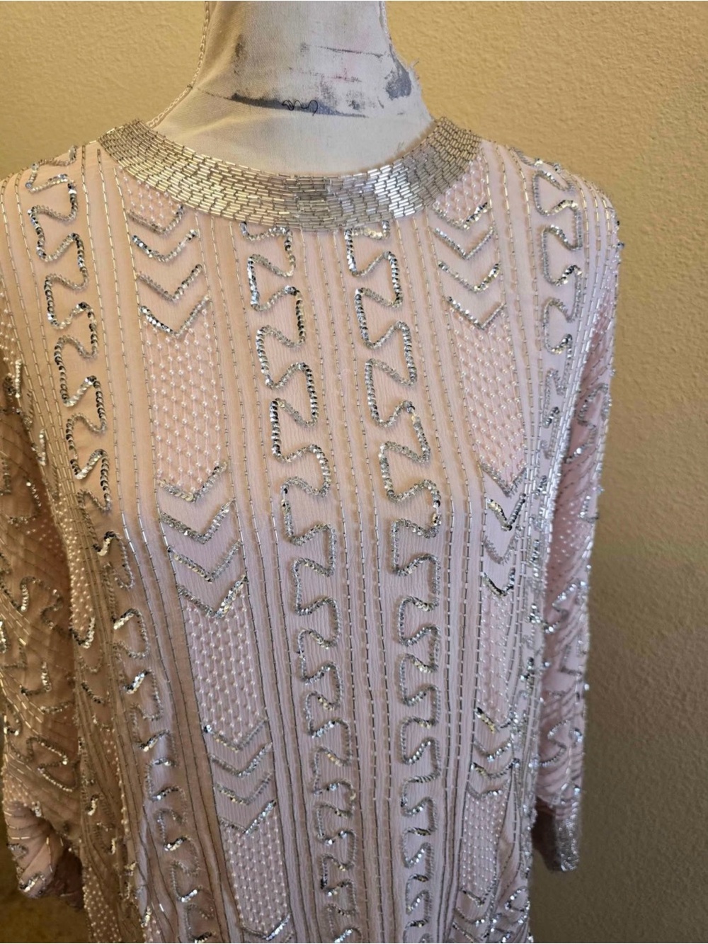 Vintage Judith Ann for Andie & Barbara Pink Silk Beaded Drop Waist Dress Small - Picture 6 of 8